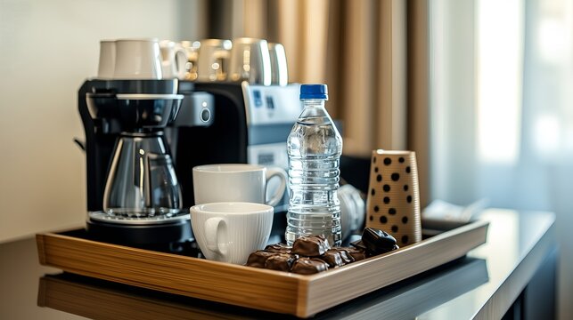 Hotel welcome tray with coffee machine, cups, bottled water, and chocolates on a desk in a room. Ideal for advertising the hotel business, presenting it on the website and tourism promotion.