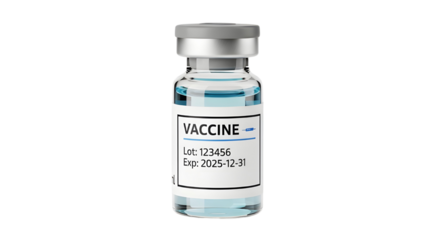 Vaccine vial with label showing "VACCINE" and expiration date 2025-12-31 isolated PNG with Transparent Background