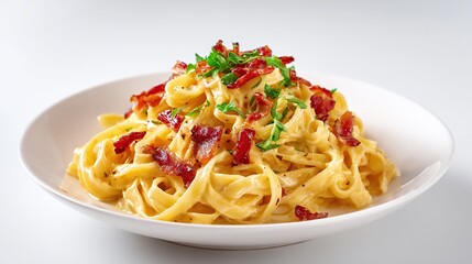 Creamy pasta dish with bacon and herbs
