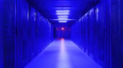 An abstract view of a server room with a atmospheric glow from numerous blue LED lights creating a gradient effect.