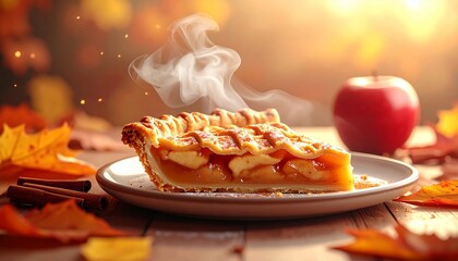 Freshly baked apple pie slice with steam