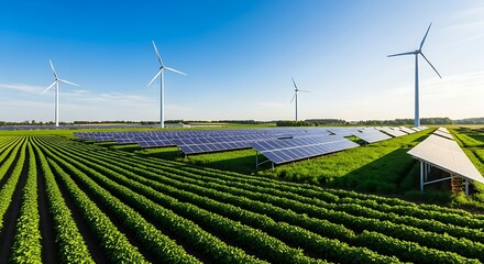 Rows of lush crops juxtapose with solar panels and wind turbines on a farm landscape.