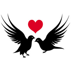 Obraz premium Two black birds facing each other with wings spread and a red heart above them in a white background