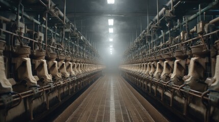 Obraz premium Interior of an Industrial Dairy Farm with Milking Machines in a Dimly Lit Environment Showing Rows of Equipment for Animal Husbandry and Farming