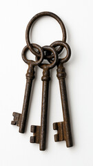 Antique Rusty Keys on Keyring &ndash; Vintage Object on White Background