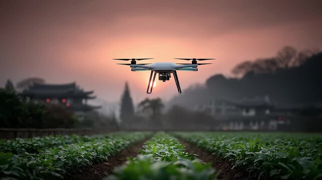Drone Inspecting Crop Growth in Farmland at Sunset