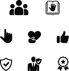 Diverse Set of Black and White Pictograms Symbolizing Trust and Security Empathy Approval and Teamwork Illustrating Business Concepts and Ethical Considerations