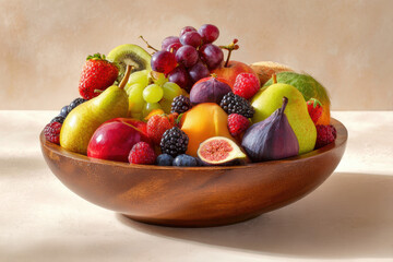 Rustic Fruit Bowl Filled with Apples, Pears, and Grapes on Light Background