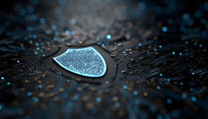 Cyber security concept with shield icon on blue background. Generative AI