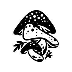 Woodland mushroom. Amanita mushroom. Fungus black and white illustration.