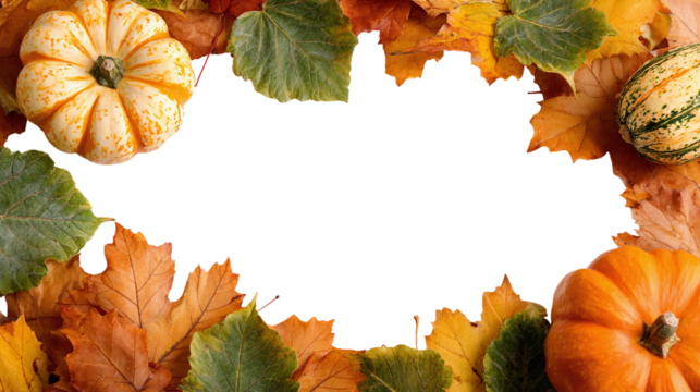 Autumn leaf and pumpkin border forming a frame, empty center space, isolated on transparent background 