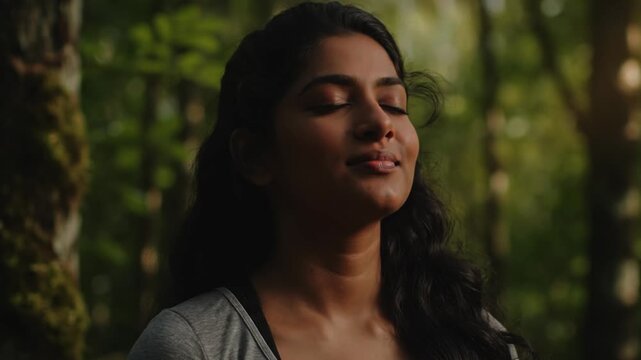Mindful Presence in Forest: A young woman finds tranquility amidst a lush forest, eyes gently closed, reflecting a moment of peace and deep contemplation within nature's embrace.