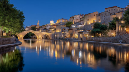 A historic riverside city glows beautifully at dusk, with warm golden lights illuminating stone buildings and reflecting on the calm water. An elegant arched bridge spans the river, connecting the cha