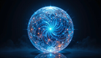 Obraz premium A vibrant, abstract blue sphere of glowing plasma energy illuminates a dark space background