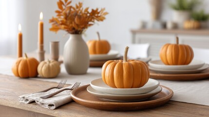 Autumn Table Setting with Pumpkins and Decorative Elements in Warm, Cozy Atmosphere for Seasonal Celebration or Festive Gathering
