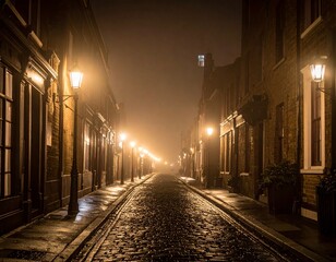 atmospheric photograph of a cobblestone street in Victorian London at night.
