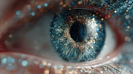 Futuristic cybersecurity concept: cybernetic eye monitoring for vulnerabilities within a network interface.