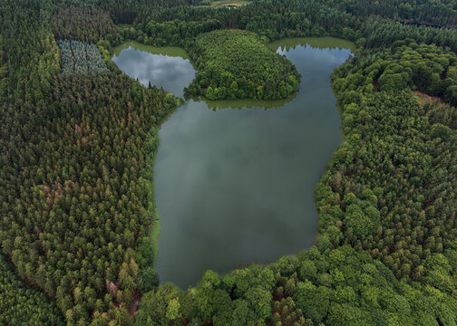 drone view of the idyllic Avnso Lake near Silkeborg in the Danish Lake District