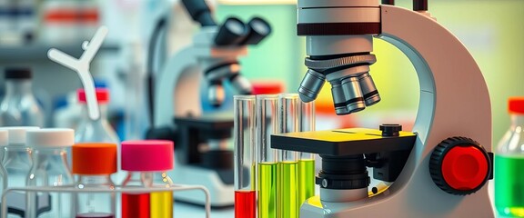 Medical lab equipment, test tubes, microscope,  reagents,  pipette