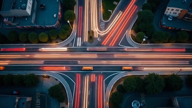 Beautiful top view of the traffic at the road junction and the Hyperlapse highway. Cityscape concept or abstract of advanced innovation, financial technology, transportation. Milan, Italy