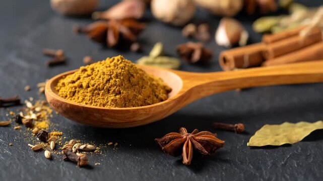 Close-up of Curry Powder in Wooden Spoon with Various Spices