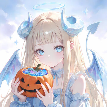 天使のような悪魔の少女。ジャック・オ・ランタンを両手で持った金髪の悪魔。日本の漫画風のAIイラスト
