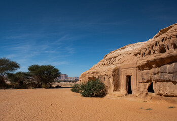 Ancient tomb in Hegra near Al Ula in Saudi Arabia