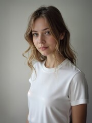 Fototapeta premium Young woman with wavy hair wearing plain white t-shirt mockup close-up natural light minimalistic studio background