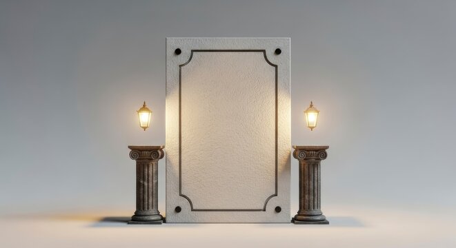 Centered decorative panel with dark trim flanked by two dark fluted pillars each holding a glowing lamp on a light grey surface