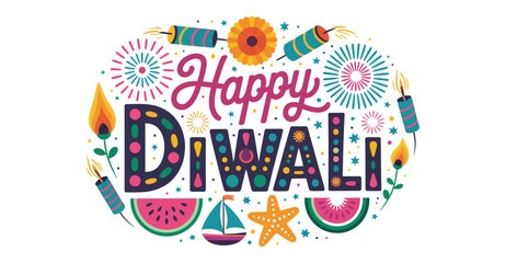  happy diwali festive design with fireworks, diyas, candles, and colorful decorations on white background for joyful celebration