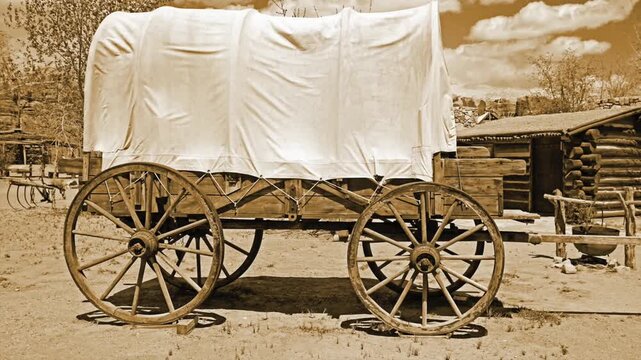 Simulated old photograph of a pioneer wagon on the Oregon trail	
