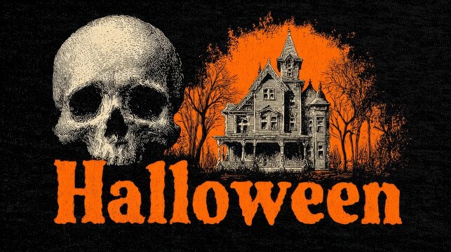 Halloween design with skull and haunted house, bold orange Halloween text on black background, vibrant detailed artwork for spooky holiday decoration and festive celebration.