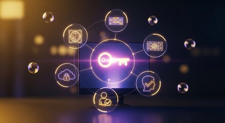 Secure data access with key icon glowing on screen, showcasing cybersecurity and cloud protection solutions for modern businesses in digital age