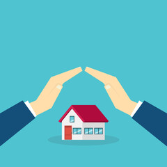 House with a protective hands. For security concepts, protection of private property. Insurance, mortgage, credit.	