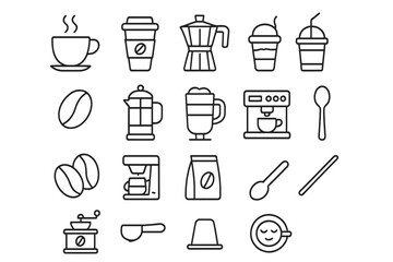 Coffee line icon collection. Vector symbols for cafe menu, barista, web, and apps. Includes espresso machine, grinder, french press, moka pot, beans. Editable stroke pictogram set.