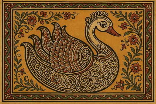 indian traditional pattachitra art of swan with detailed decorative motifs, pattachitra art style