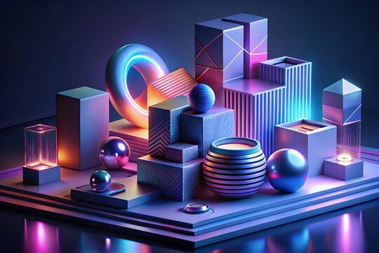 Abstract geometric shapes with neon lighting on a dark background - Powered by Adobe
