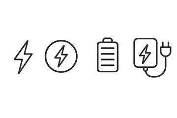 Energy and power line icon set. Battery charge, electricity, and charger symbols. Minimalistic linear pictogram pack with editable stroke for UI, UX, web, and mobile app design.