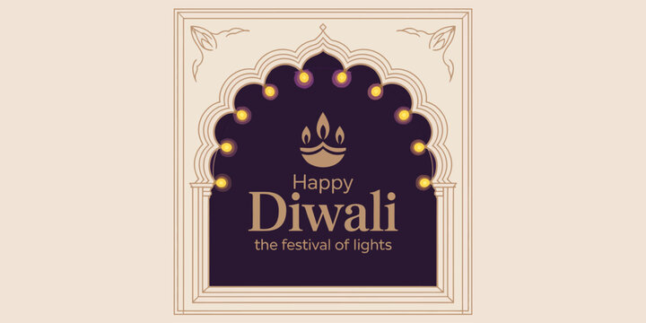 Elegant Diwali greeting with ornate archway, glowing lights, golden diya icon, and festive typography on rich purple background 