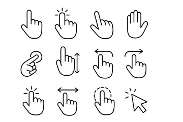 Hand gesture & cursor line icon set. UI & UX pictograms for touch screen interface. Includes tap, click, swipe, scroll, zoom gestures. Vector with editable stroke for design.