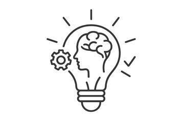 Creative idea process and innovation concept. Lightbulb with brain and gear icon. Solution, business strategy, and knowledge metaphor for problem-solving and brainstorming.