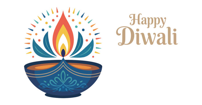 Stylized Diwali diya with vibrant flame, floral bursts, and elegant gold typography on white background celebrating the Festival of Lights 