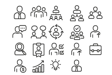 Business and staff line icon set. Human resources, company management, and HR symbols. Teamwork, hierarchy, career growth, and recruitment thin line vector pictograms.