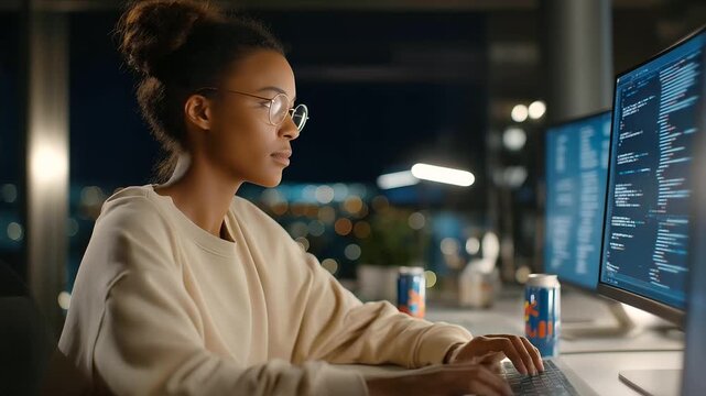 A tech intern debugs code in a sleek startup&rsquo;s tech hub with multiple monitors displaying lines of code empty energy drink cans littering the desk neon lit keyboards and