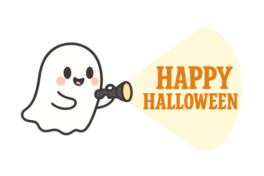Cute ghost character discovers a Happy Halloween message with a flashlight. Adorable kawaii phantom for kids' party invitations, greeting cards, and spooky holiday designs.