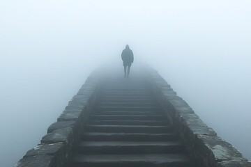 A solitary figure ascends a stone stairway enveloped in a thick fog, creating a mysterious and introspective scene.