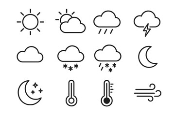 Weather line icon set. Meteorology forecast symbol collection. Sun, cloud, rain, snow, wind, storm, moon, thermometer. Outline pictogram pack for web, app, UI, UX design. Vector