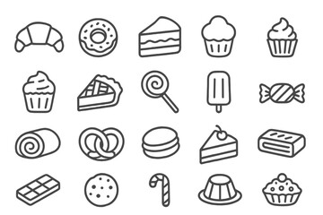 Pastry and desserts line icon collection. Sweet food and bakery symbols. Vector outline illustration set of cake, donut, cookie, candy, pie, and cupcake. Editable stroke.