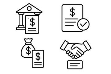 Business and finance icon set. Vector line art of bank, approved contract, money bag, and handshake deal. Financial agreement, investment, and partnership concepts illustration.
