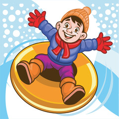 Happy Kid Playing Snow Tubing in Winter